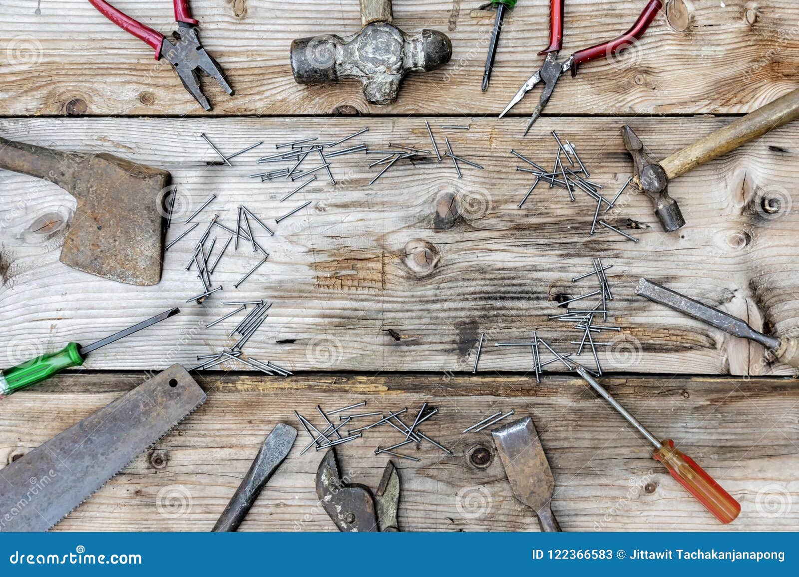 collection of vintage woodworking tools on a rough