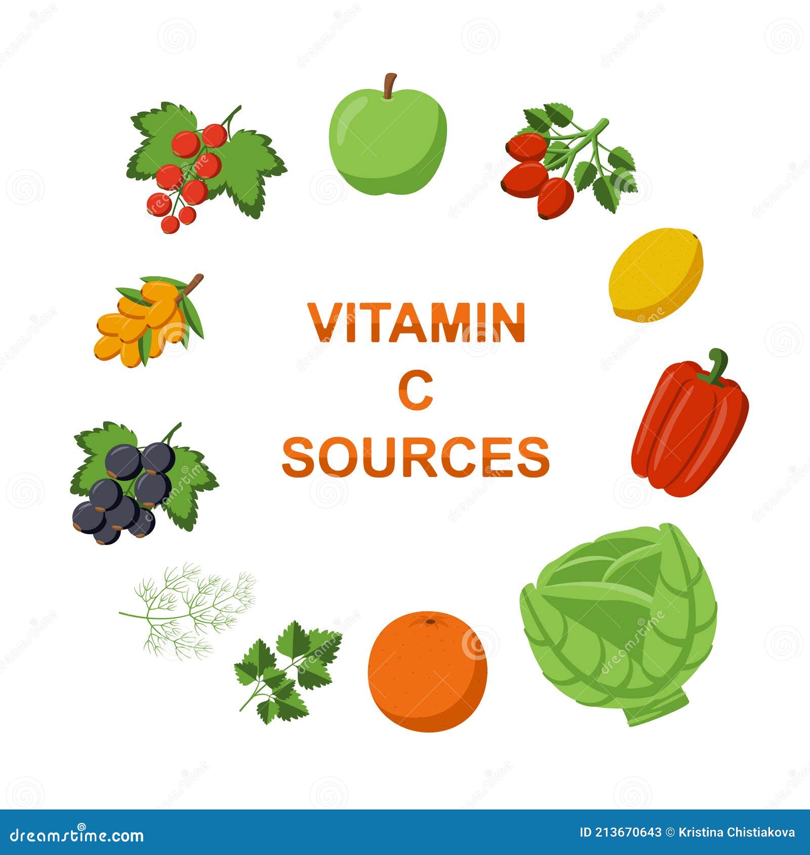 Collection of Vitamin C Sources. Fruits and Vegetables Enriched with
