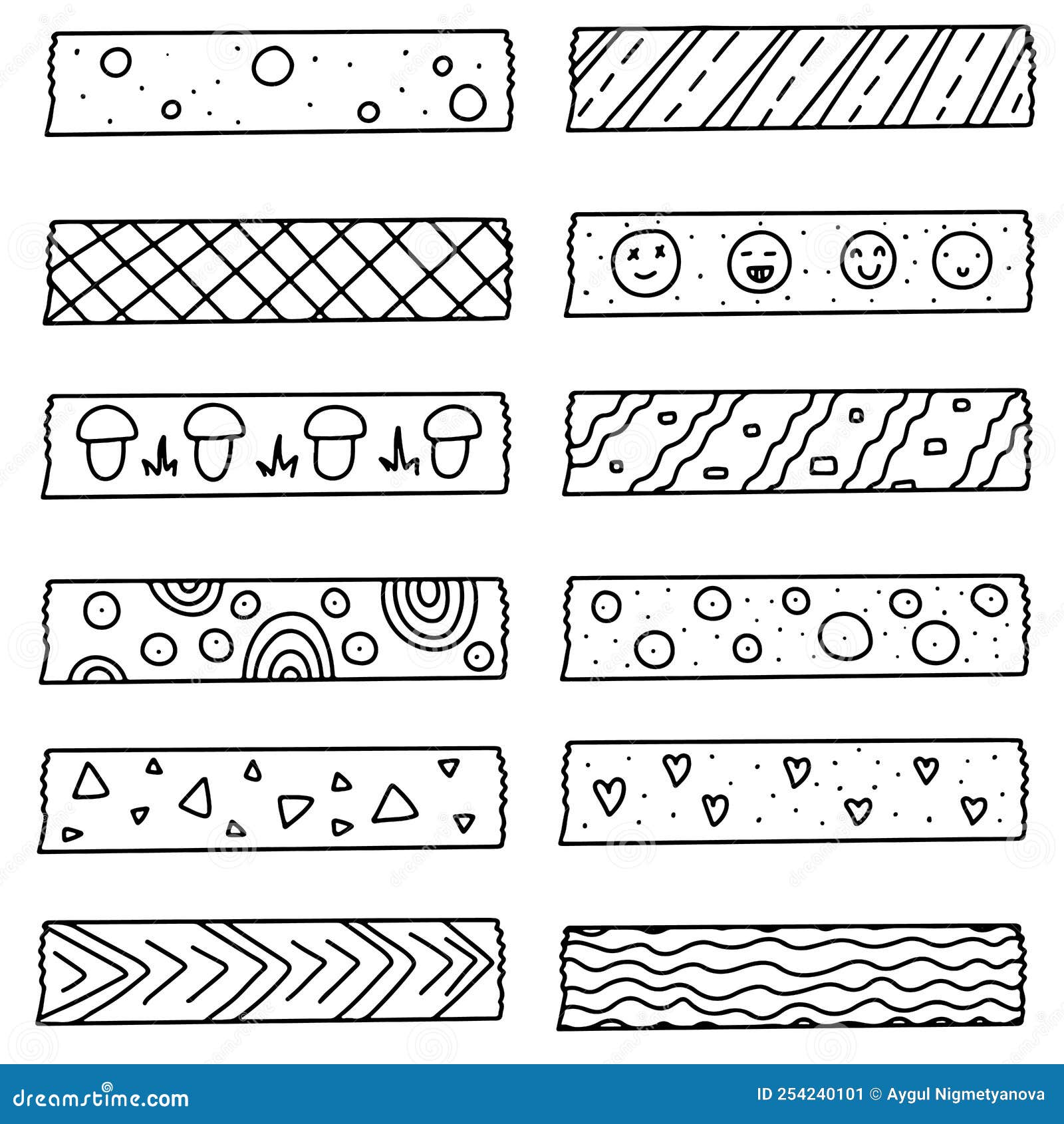 Collection of Washi Tapes in Hand Drawn Doodle Style. Decorative Scotch