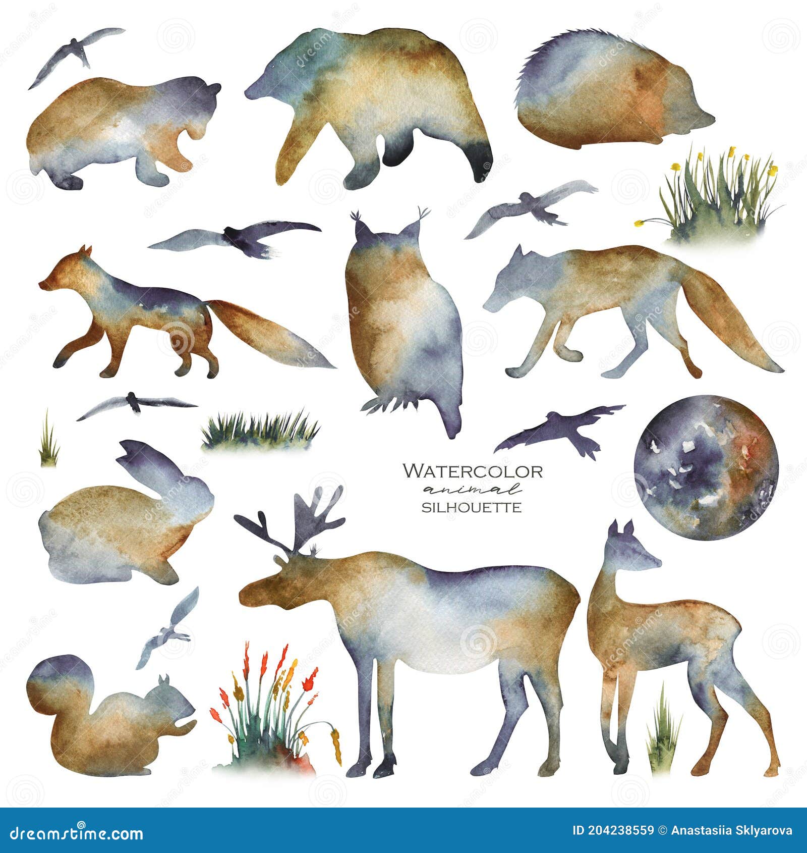 Collection of Watercolor Silhouettes of Forest Animals Bear, Owl, Fox,  Wolf, Deer, Hare, Birds, Hedgehog, Squirrel, Elk Stock Image - Image of  abstract, element: 204238559
