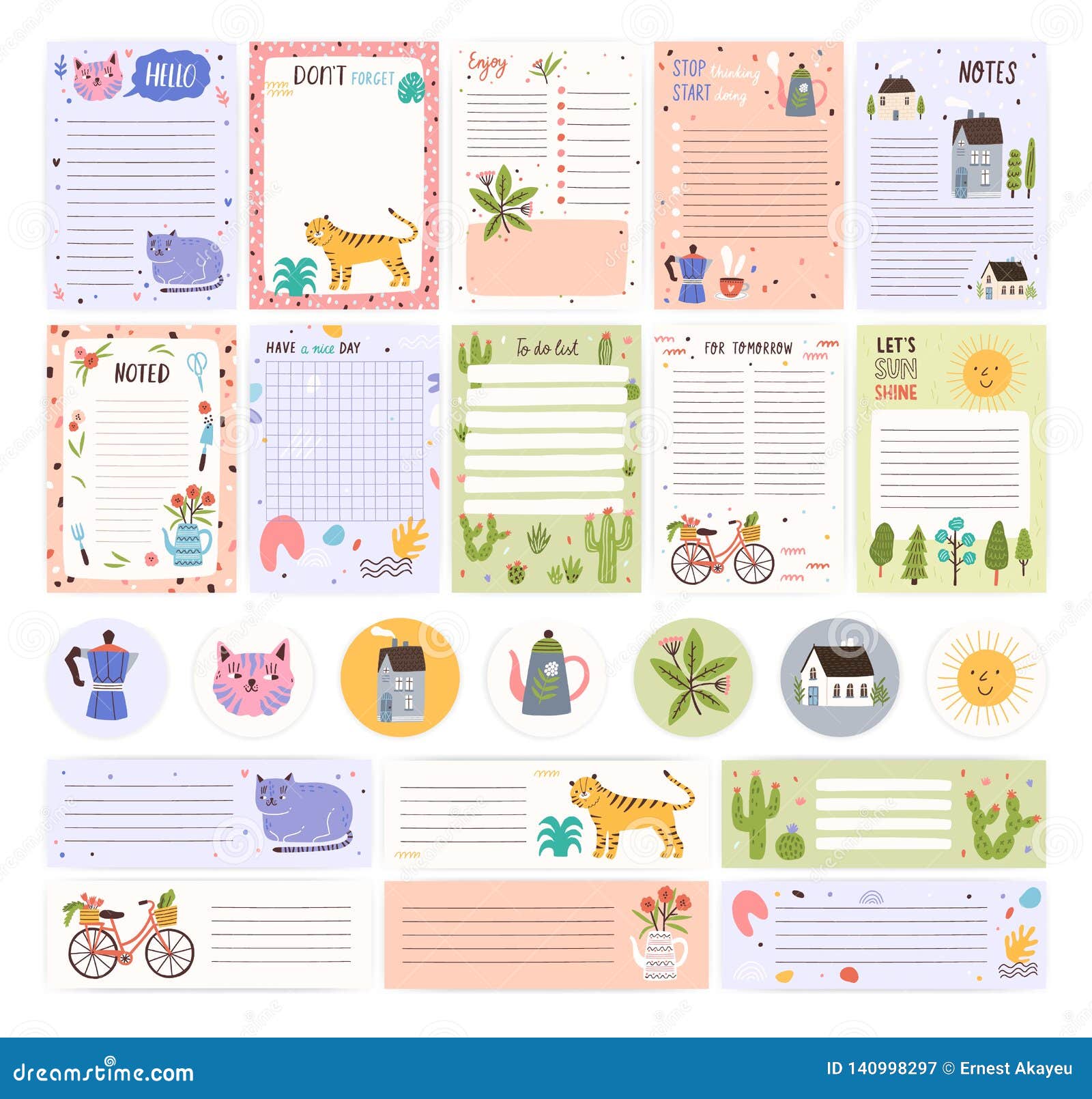 Collection Of Weekly Or Daily Planner Pages Or Stickers Sheet For Notes And To Do List Templates Decorated By Cute Stock Vector Illustration Of Reminder Plant 140998297