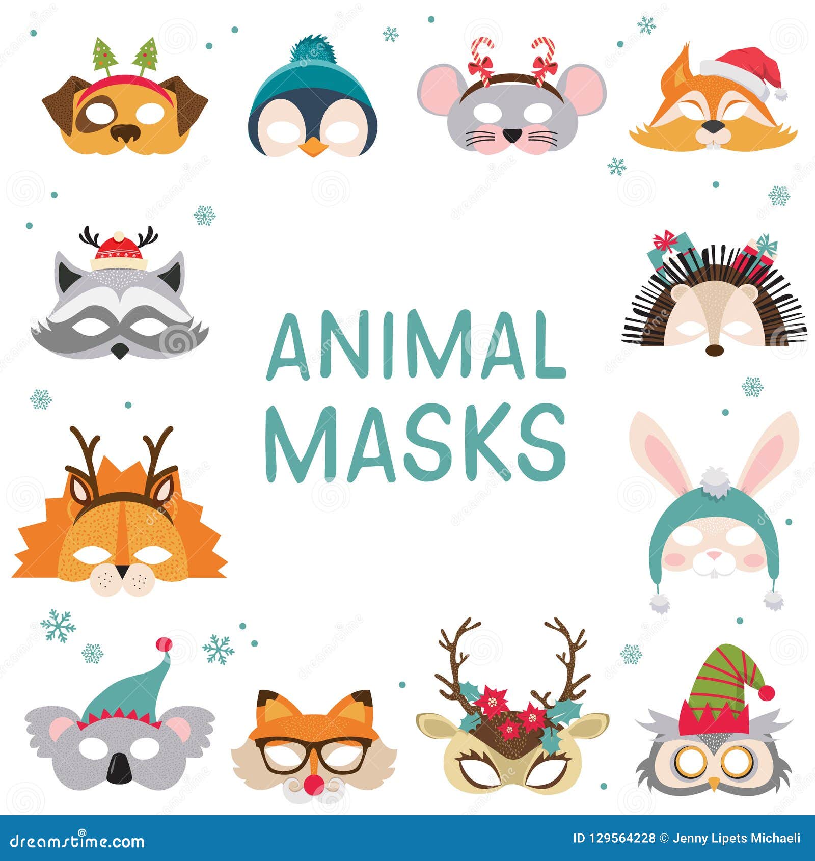 Collection of Winter Animal Masks and Christmas Photo Booth Props for Kids.  Cute Cartoon Masks and Elements for a Party Stock Vector - Illustration of  carnival, event: 129564228
