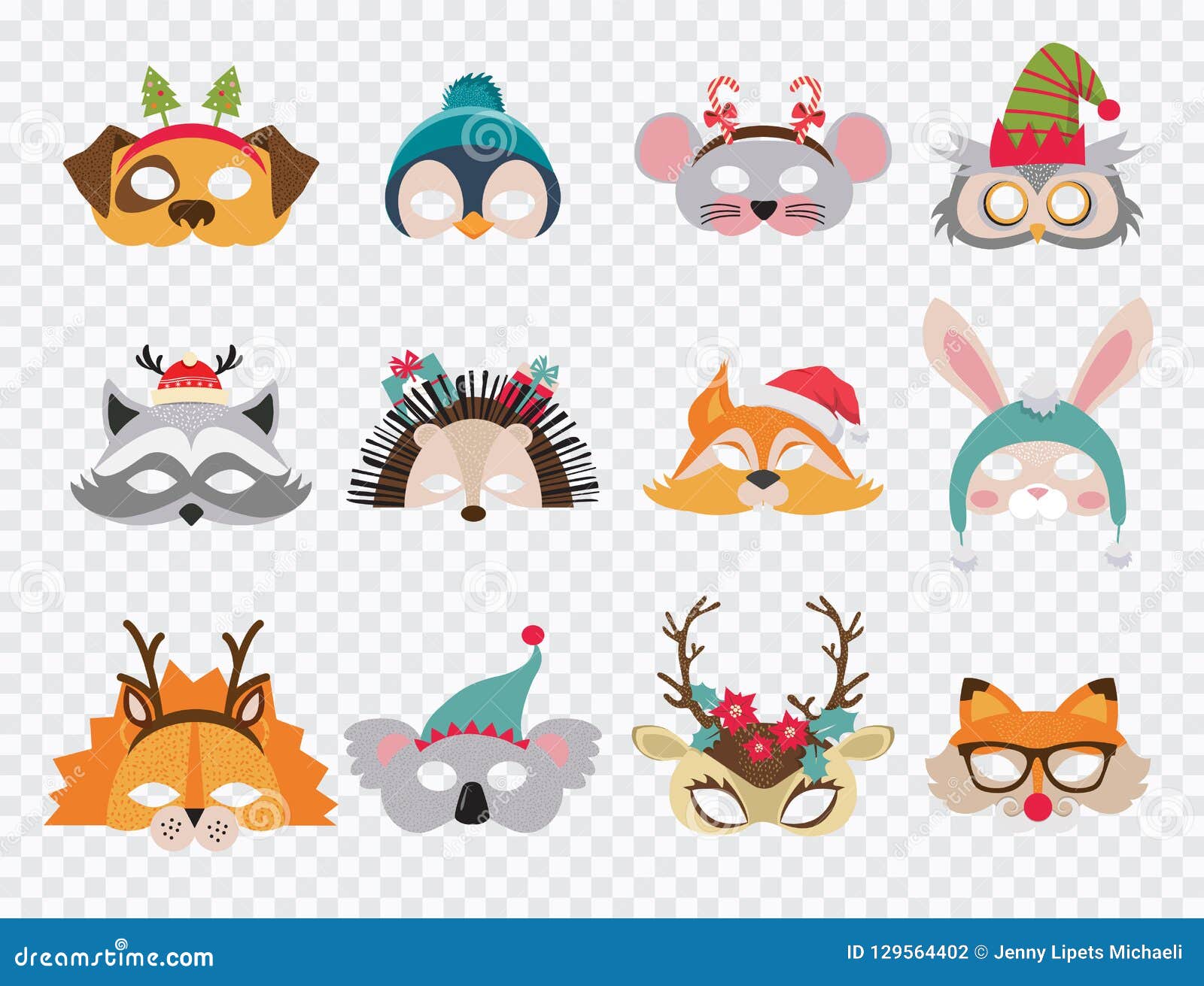 Collection of Winter Animal Masks and Christmas Photo Booth Props for Kids.  Cute Cartoon Masks and Elements for a Party Stock Vector - Illustration of  design, nose: 129564402