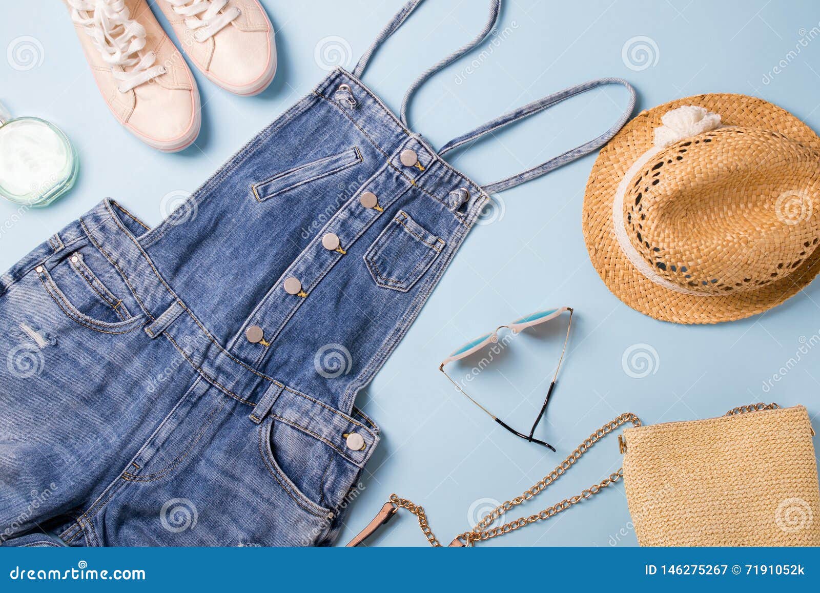 Collection of Womens Summer Clothes and Accessories Collage on Blue ...