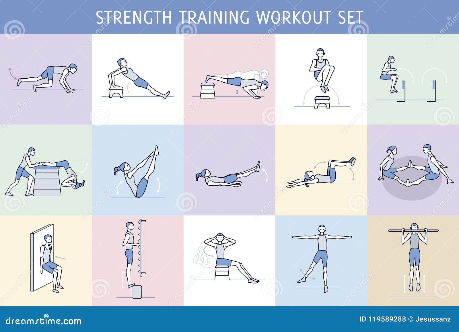 Strength Training Workout Set Stock Illustration - Illustration of flexion,  line: 119589288