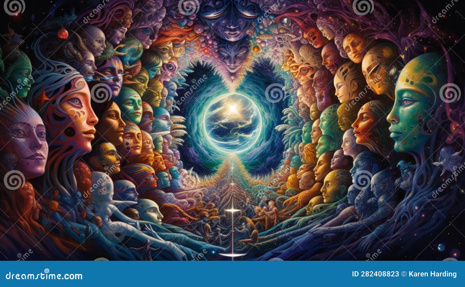 Collective Consciousness Illustration Faces Surrounding the Earth Collective Consciousness Illustration Faces Surrounding the Earth