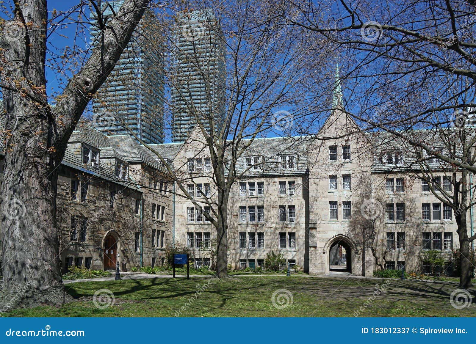 College Campus with Stone Buildings and Modern High Rise Apartments in ...