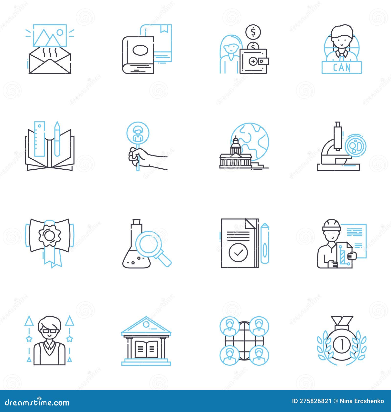 college level linear icons set. academia, curriculum, exams, lectures, professors, dormitory, research line  and