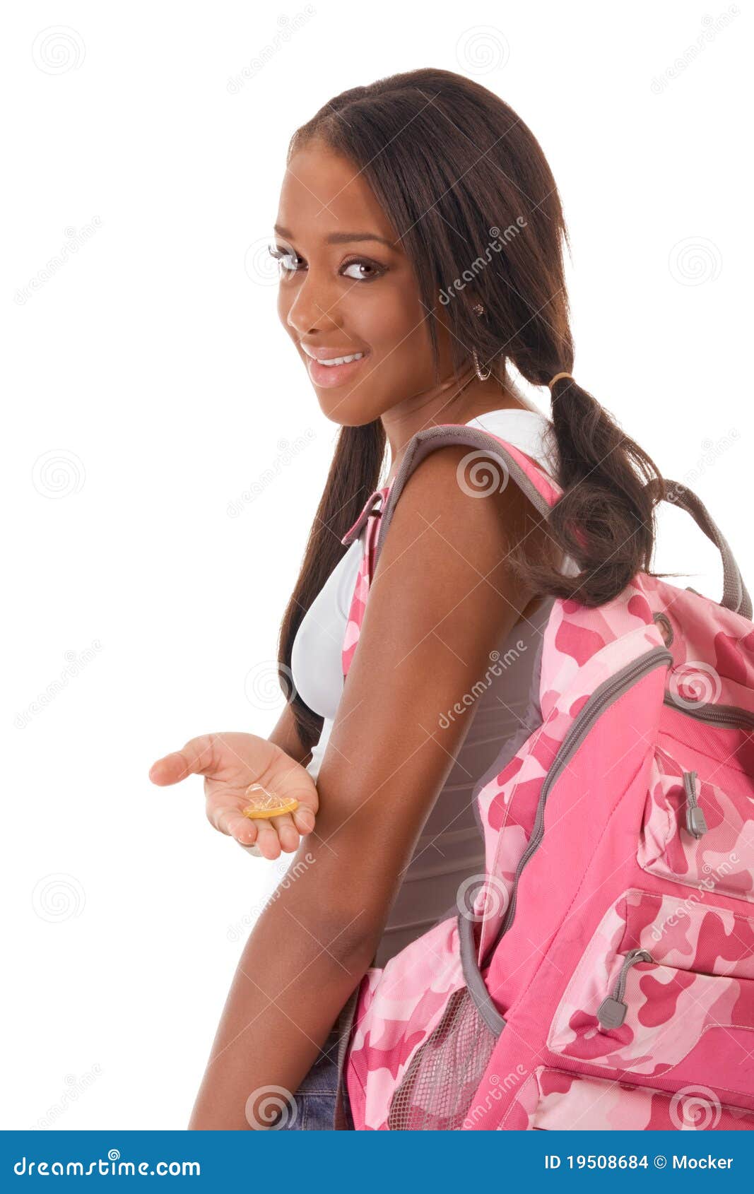 College Student African American Woman with Condom Stock Photo image