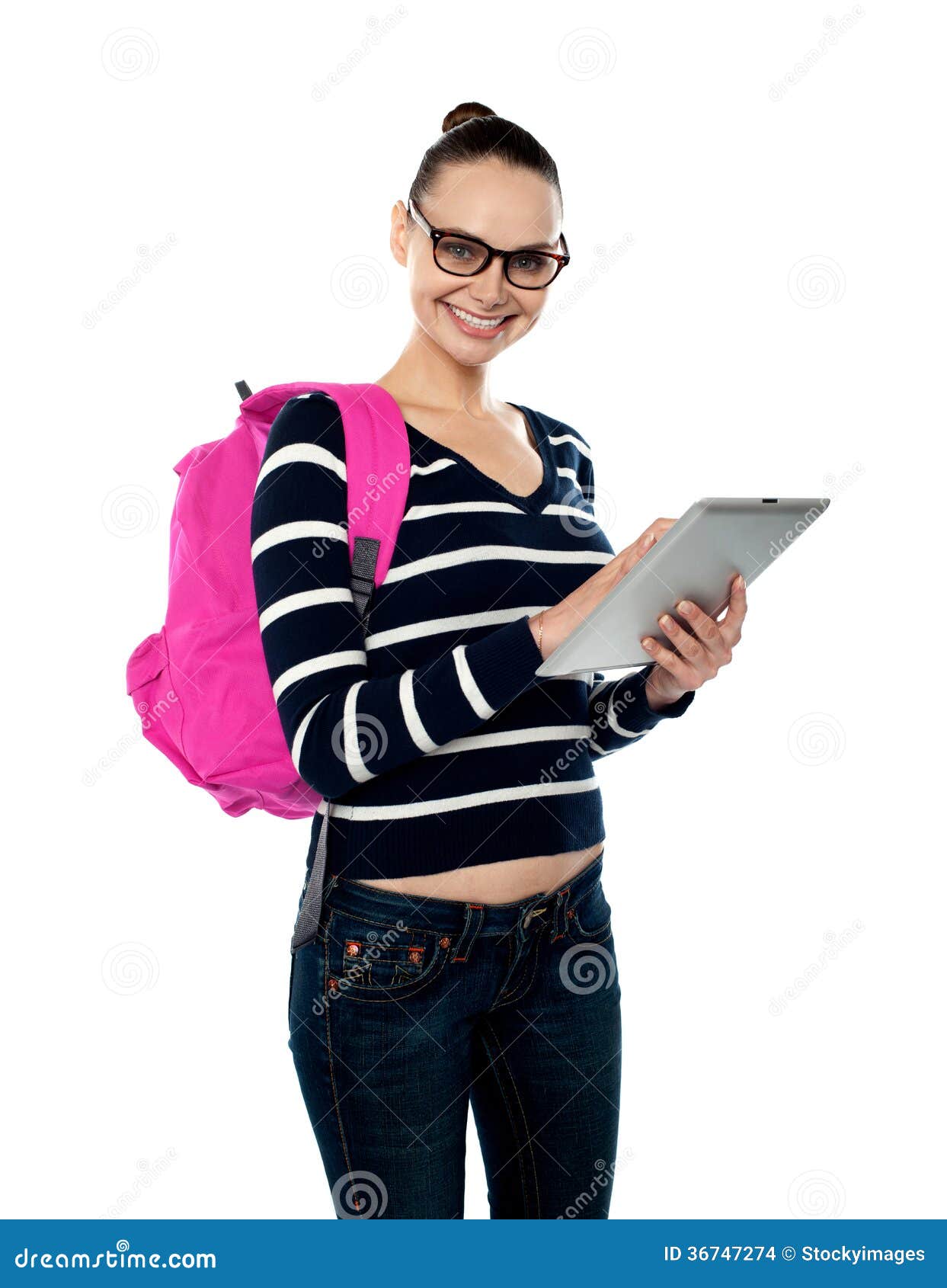 College Student Using Tablet Pc Stock Photo Image of cute, glasses