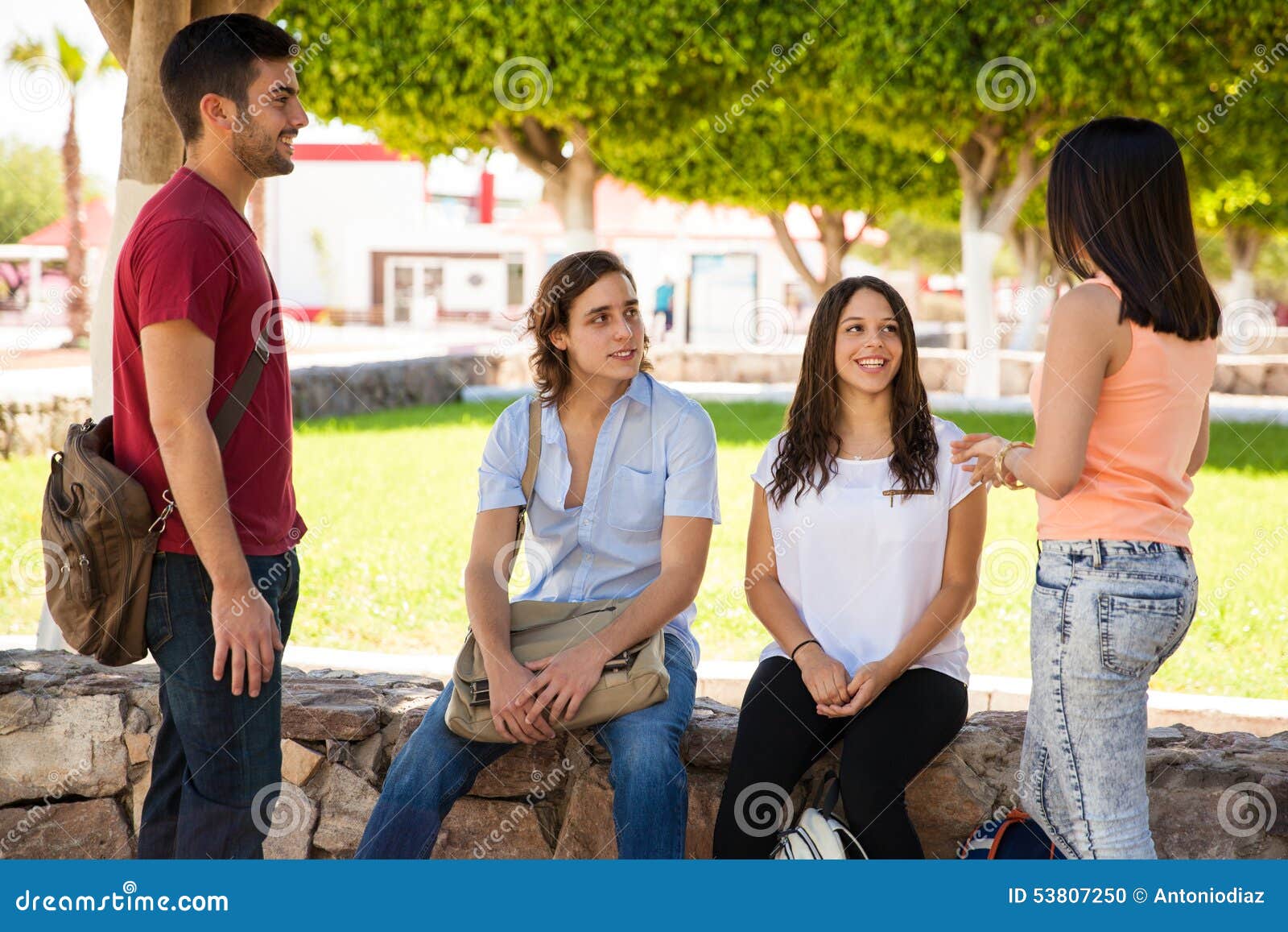 college students hanging out group hispanic friends school outdoors 53807250