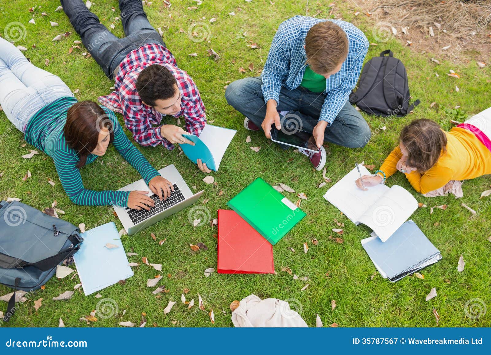 College Students Using Laptop while Doing Homework in Park Stock Image Image of college