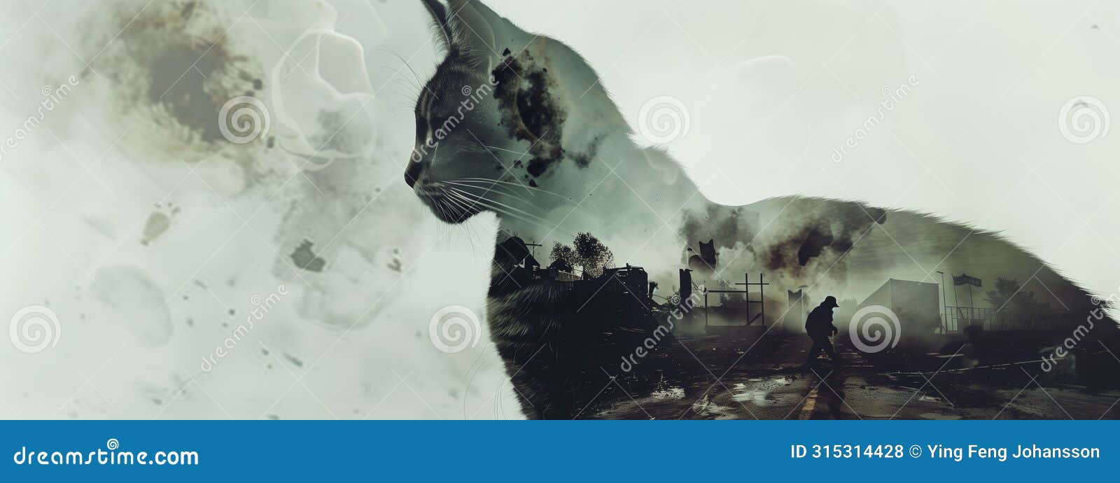 double exposure of a cat and a war zone, blending the feline grace with the chaos of conflict