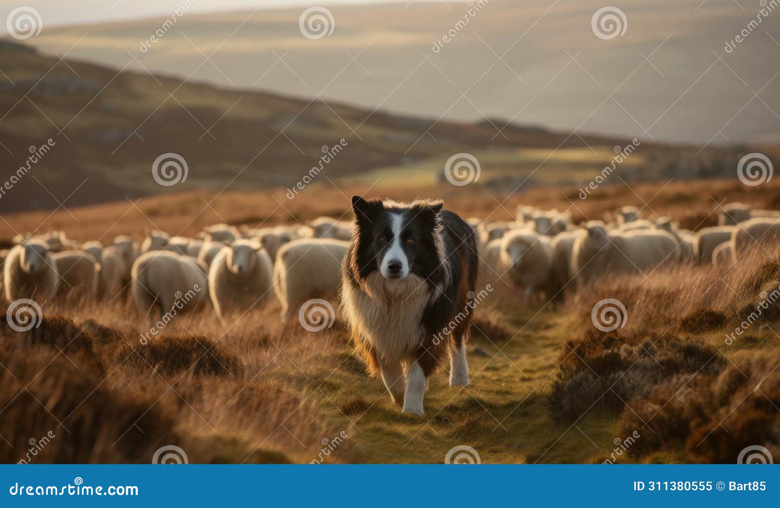 collie herding a group of sheep across vast scottish hillside. captured essence of collie as skilled & dedicated working dog