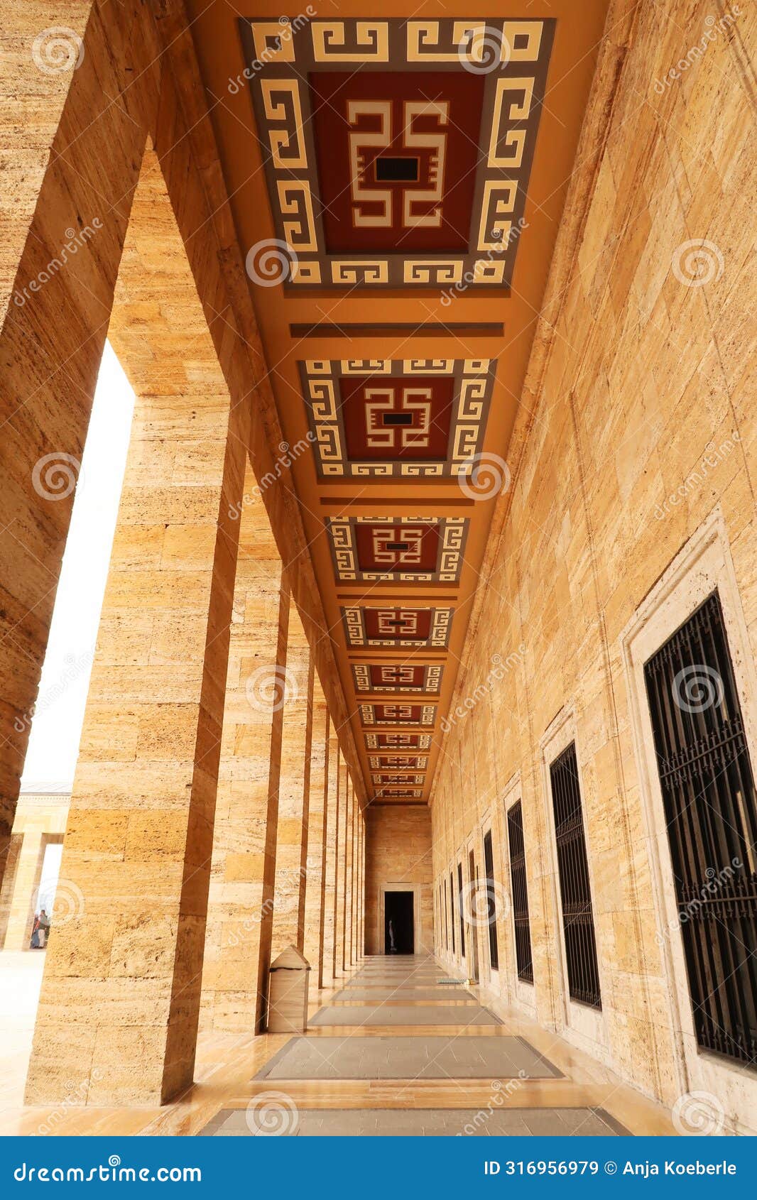 collonade, aisle with colorful patterns on the ceiling at the anitkabir monument, complex, memorial, ankara, turkey