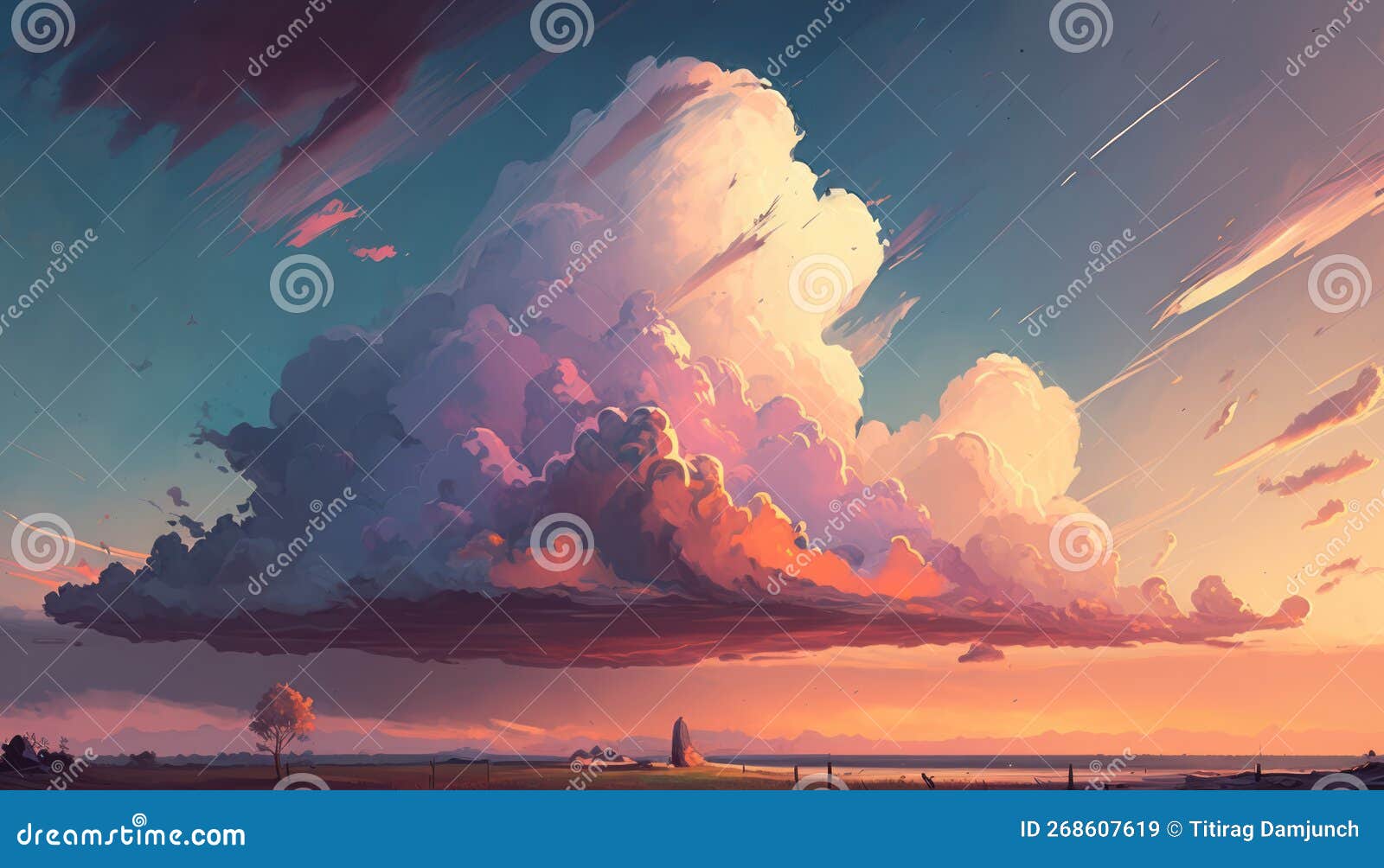 coloful twilling sunset sky with cloudscape drawing background. generative ai