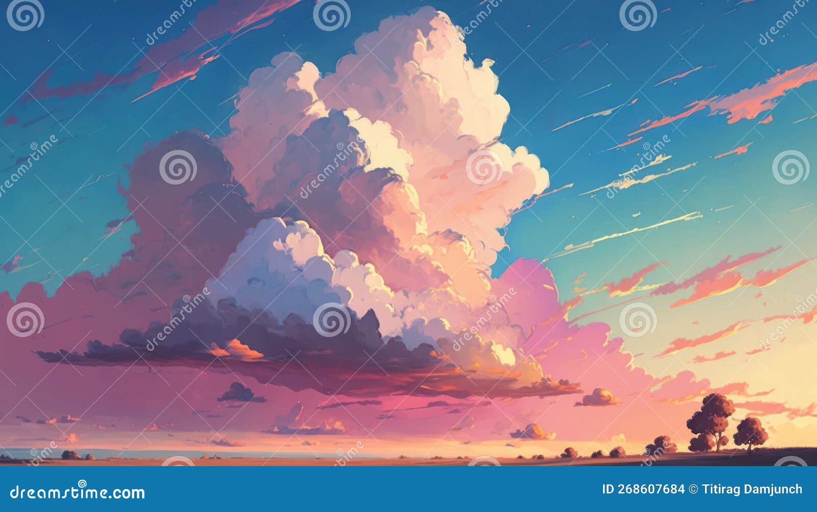 coloful twilling sunset sky with cloudscape drawing background. generative ai