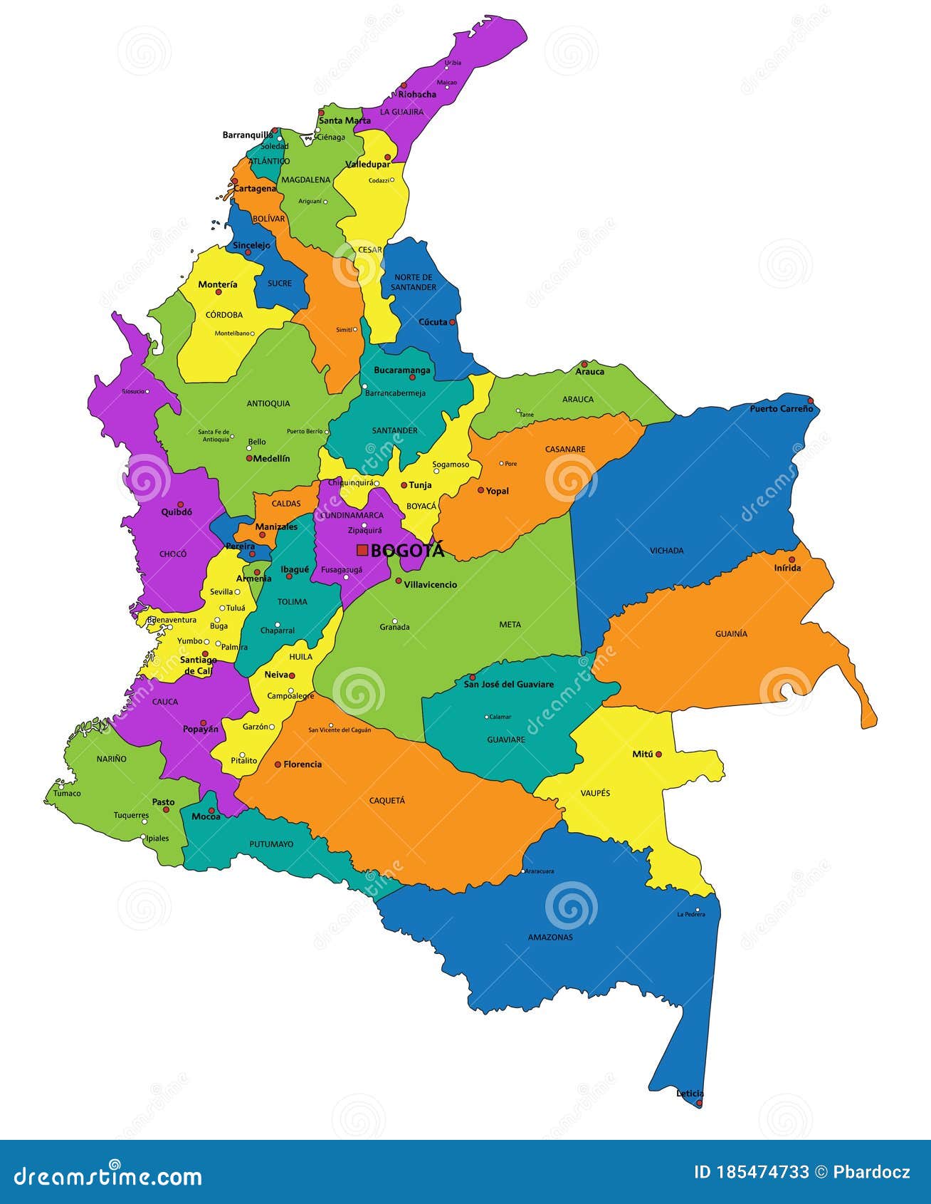 Colorful Colombia Political Map with Clearly Labeled, Separated