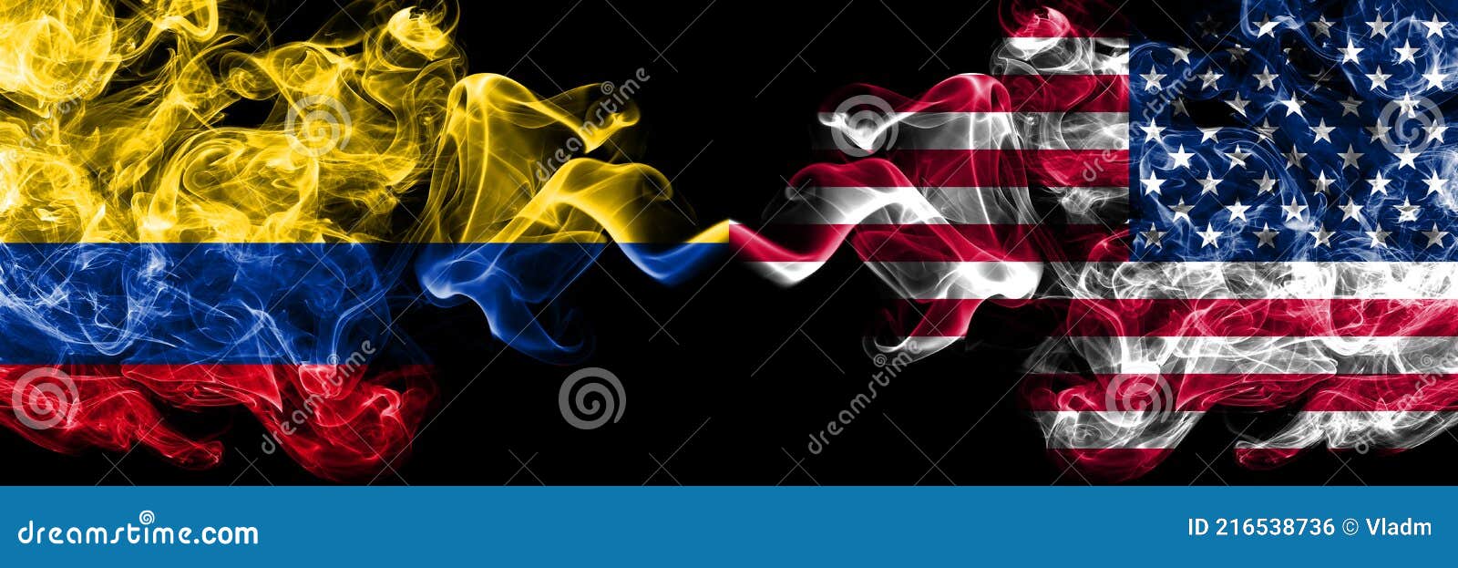 colombia, colombian vs united states of america, america, us, usa, american smoky mystic flags placed side by side. thick colored
