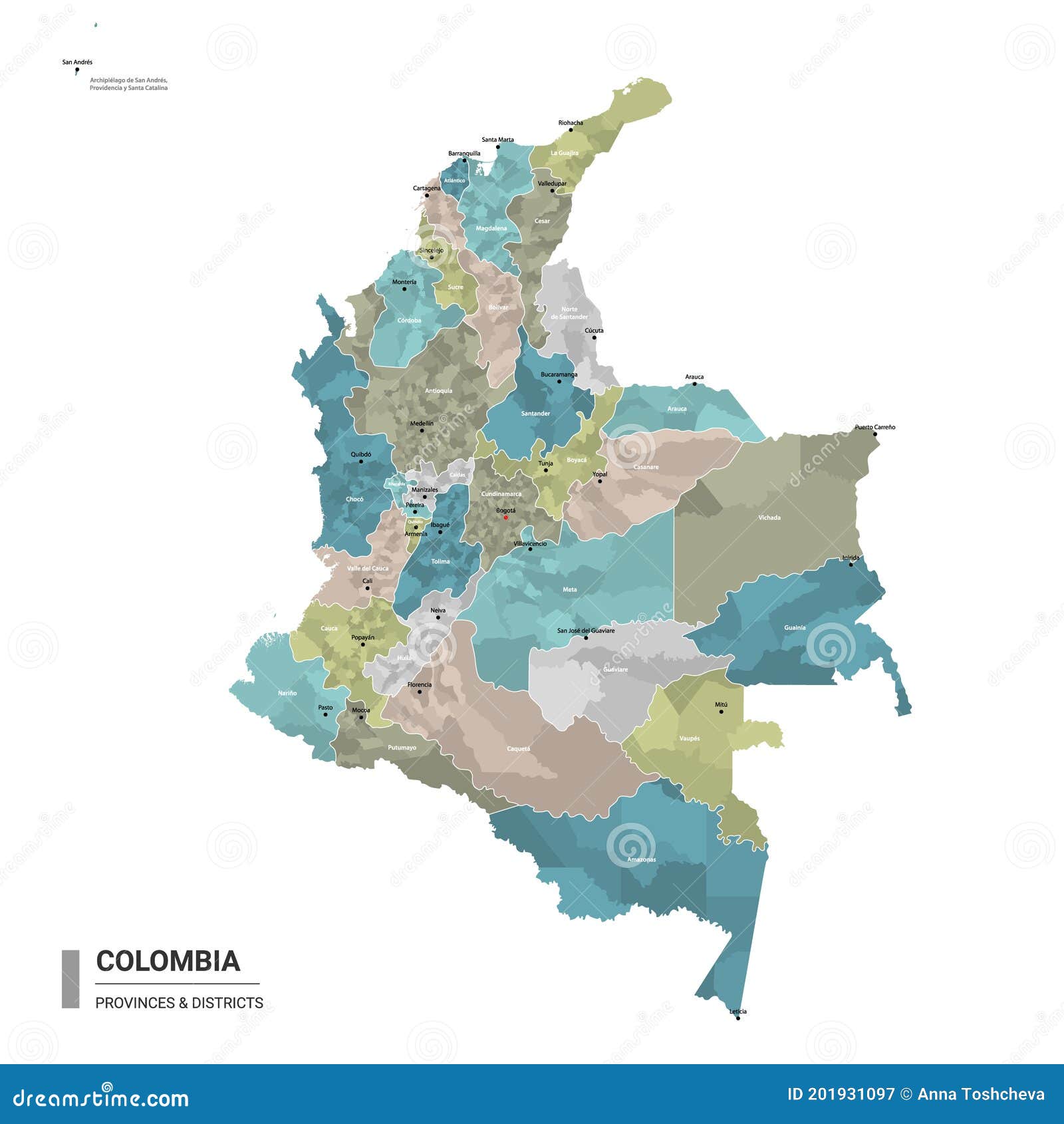 colombia higt detailed map with subdivisions. administrative map of colombia with districts and cities name, colored by states and