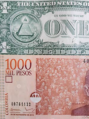 Colombian Banknote Of 1000 Pesos And American Dollar Banknote Colombian Banknote Of 1000 Pesos And American Dollar Banknote