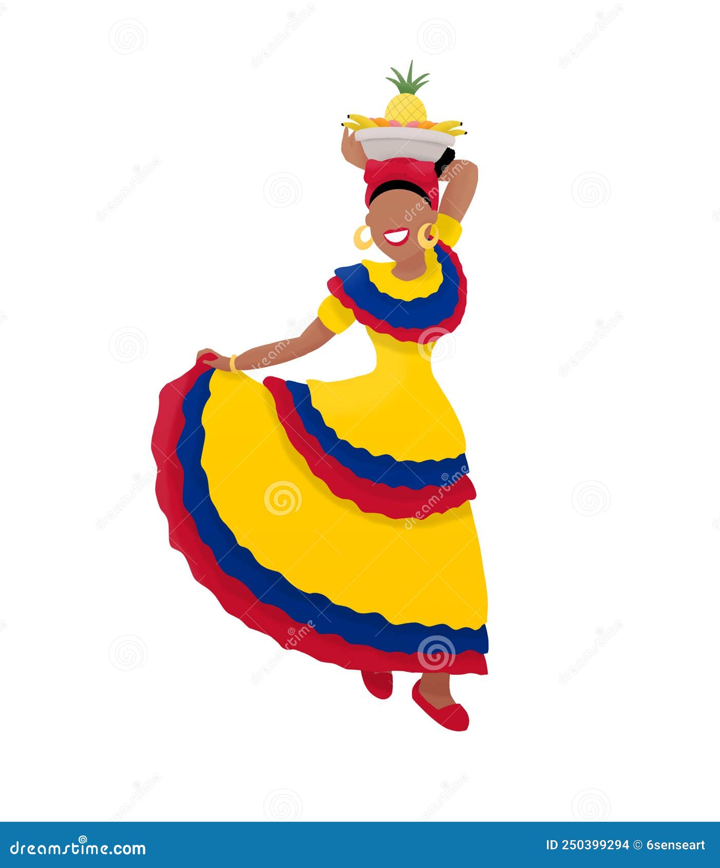 a colombian woman in flag colored traditional costume dancing happily with the bowl of tropical fruit on her head.