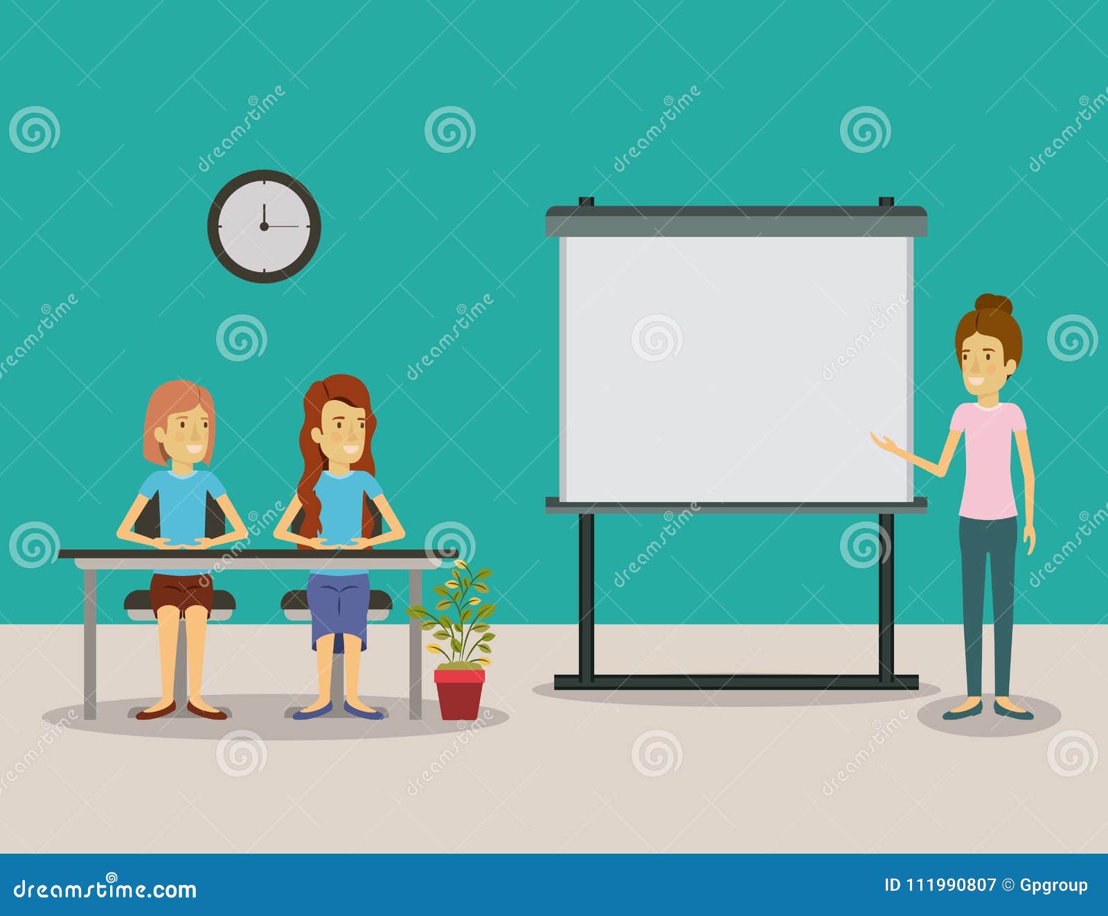 color background couple of women sitting in a desk for female executive in presentacion business people