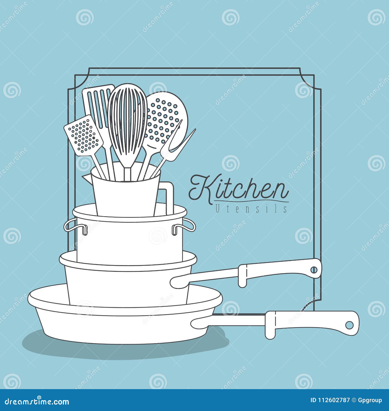 color blue background with decorative frame vintage and set silhouette stack of pots and pans kitchen utensils over