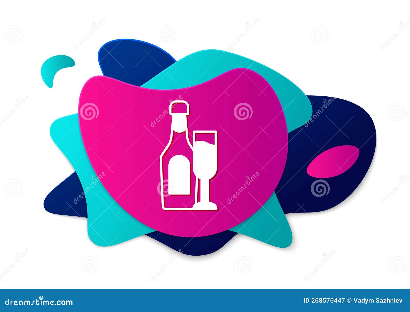 color champagne bottle with glass icon  on white background. abstract banner with liquid s. 