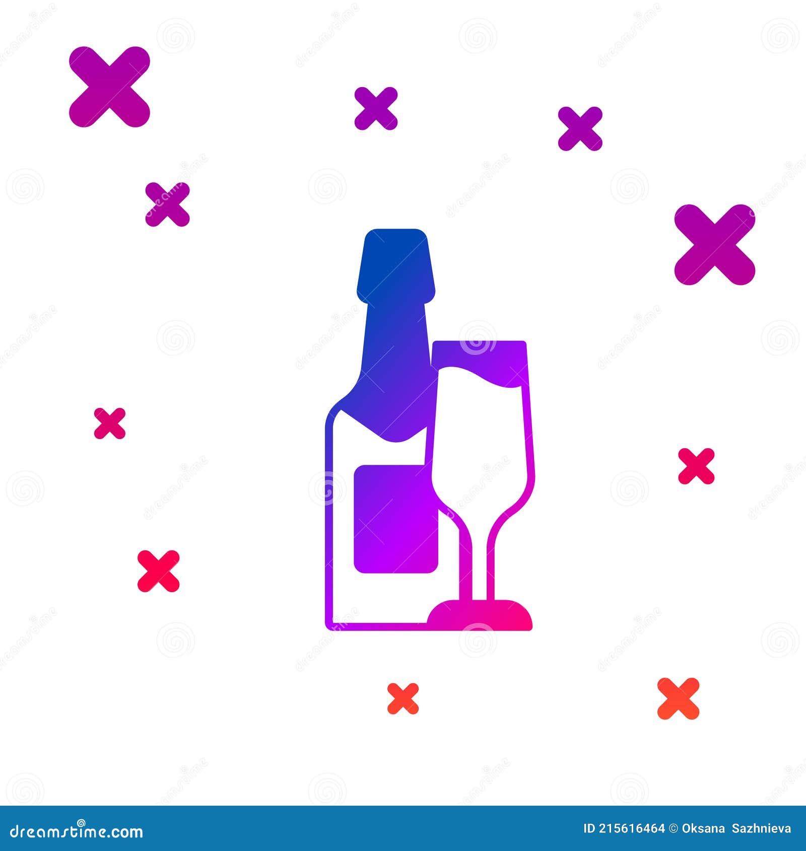 color champagne bottle and glass of champagne icon  on white background. merry christmas and happy new year