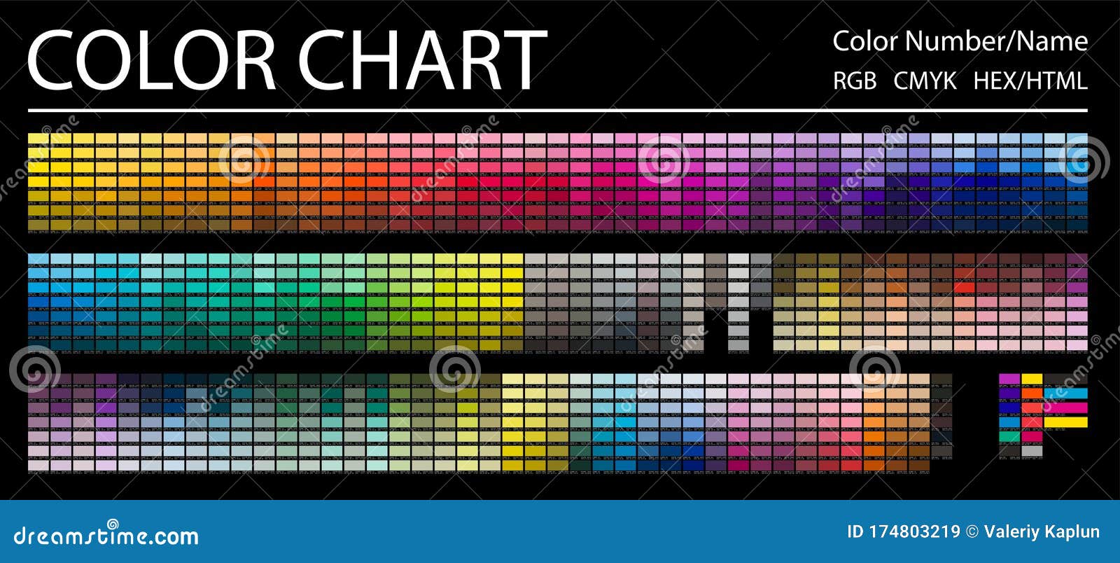 color chart. print test page. color numbers or names. rgb, cmyk, hex html codes.  color palette