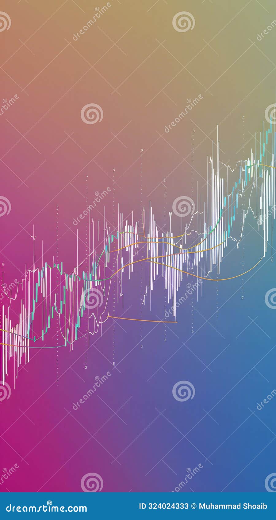 color coded line graph on gradient pink blue background, depicting data fluctuations