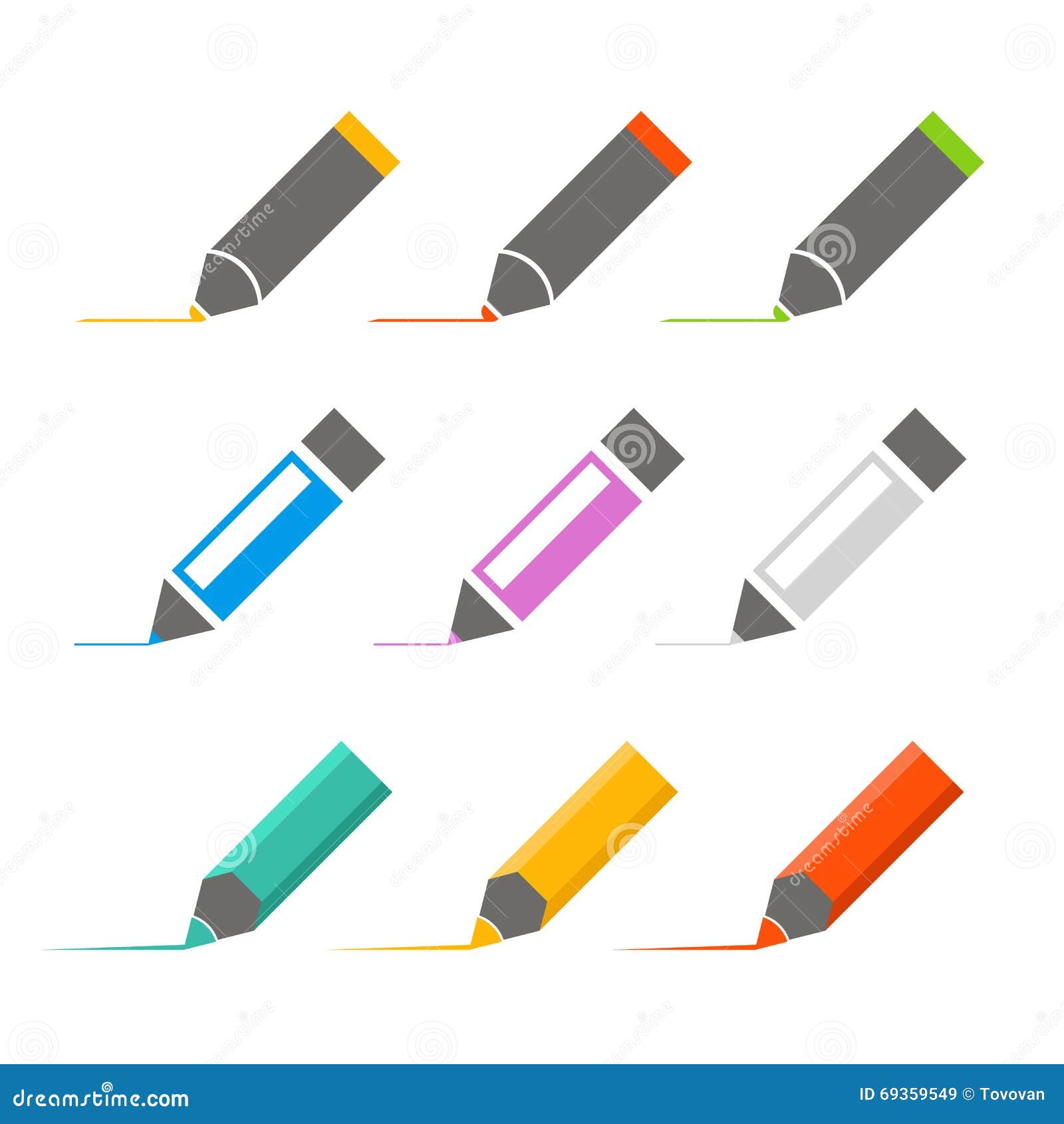 Color Crayons and Markers Icons Set Stock Vector Illustration of