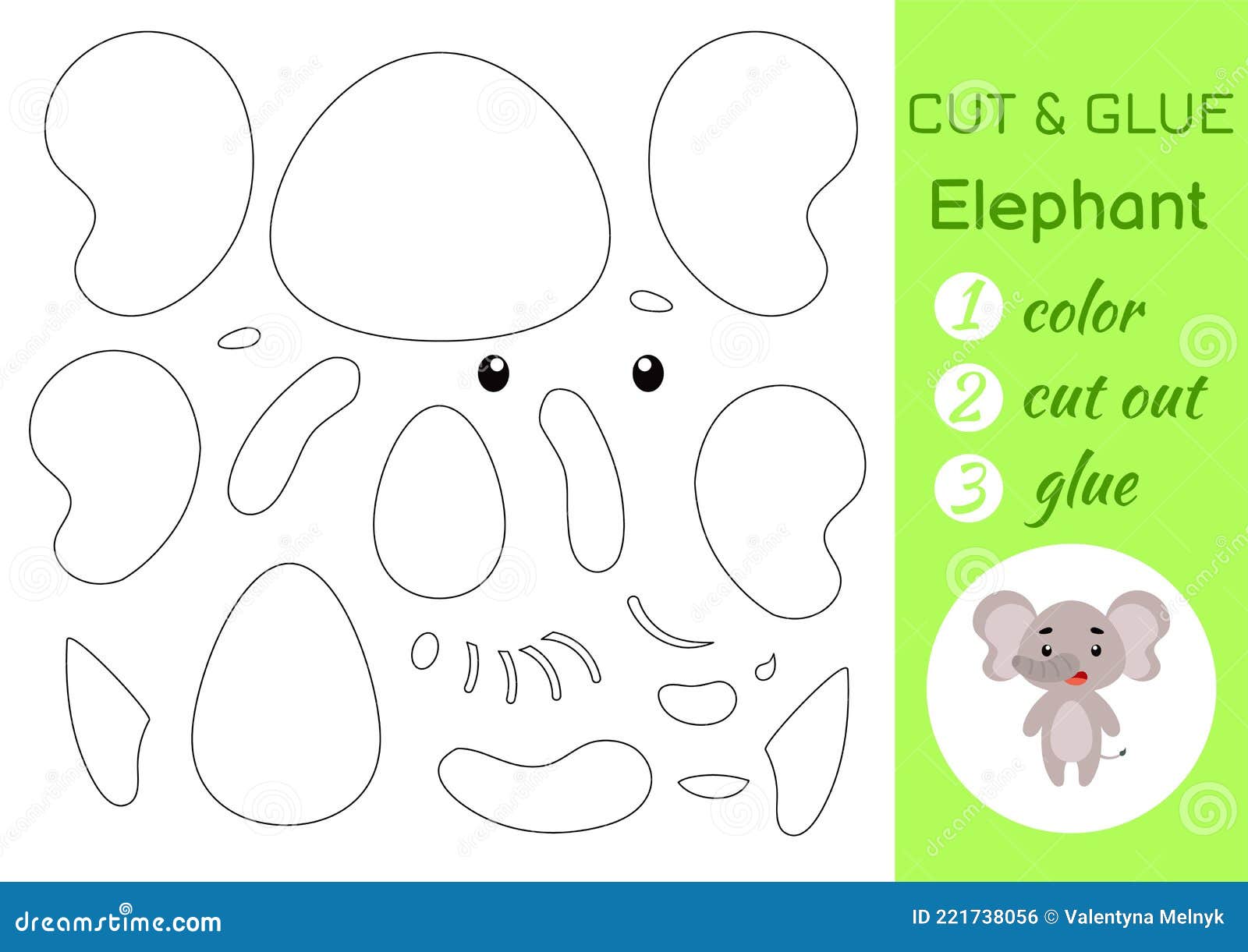 Color, Cut And Glue Paper Little Elephant. Cut And Paste Crafts