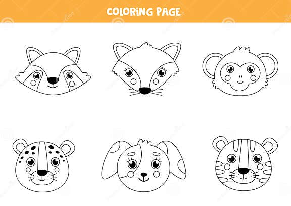 Color Cute Animal Faces. Coloring Page for Children Stock Vector
