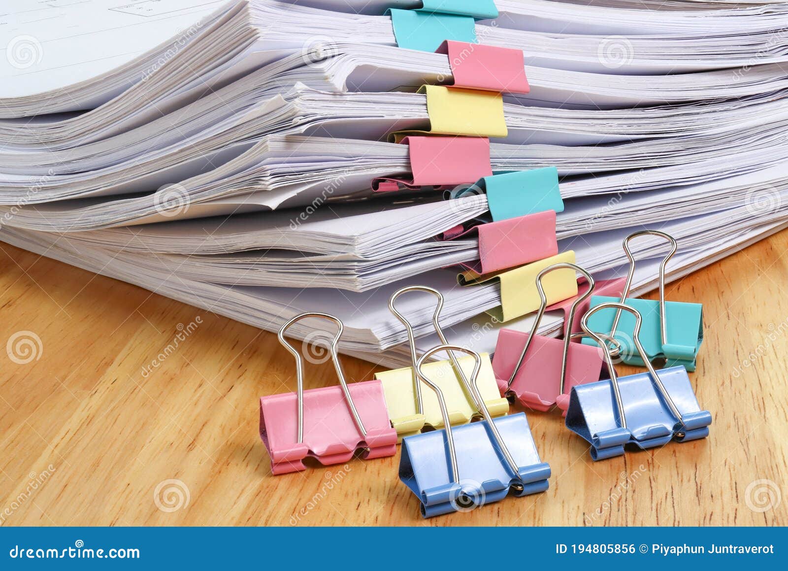 Color File Paper Binder Clips and Stack Paper File Stock Photo