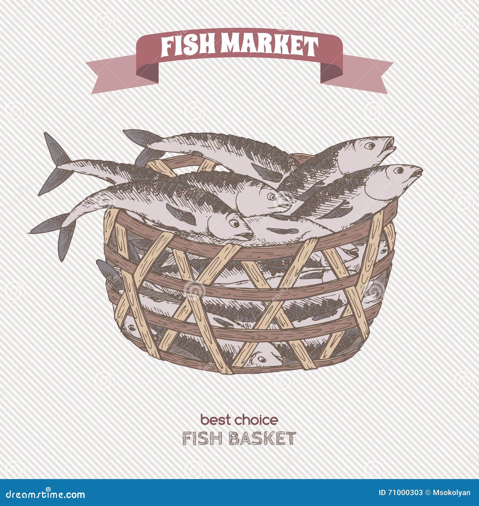 Color fish basket sketch. stock vector. Illustration of market - 71000303