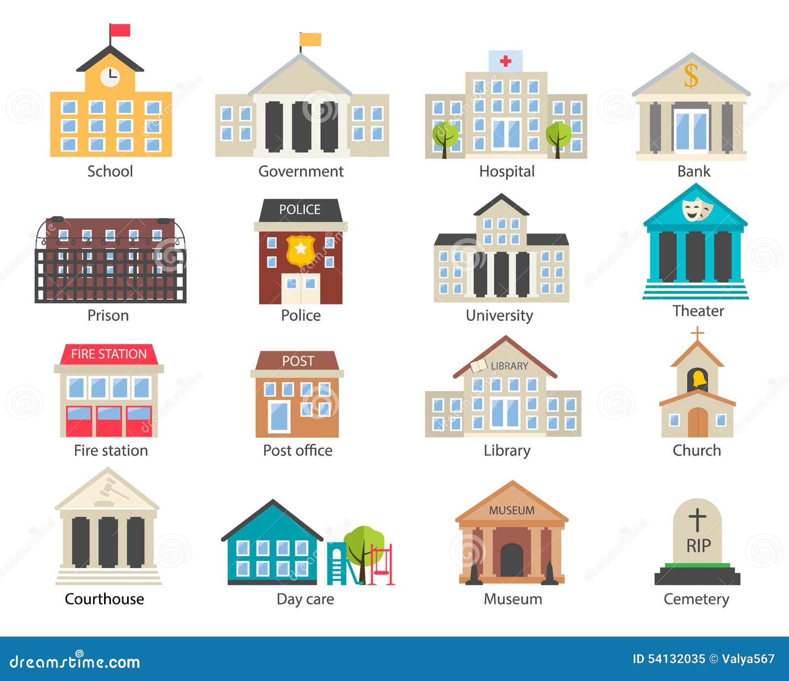 color government buildings icons set
