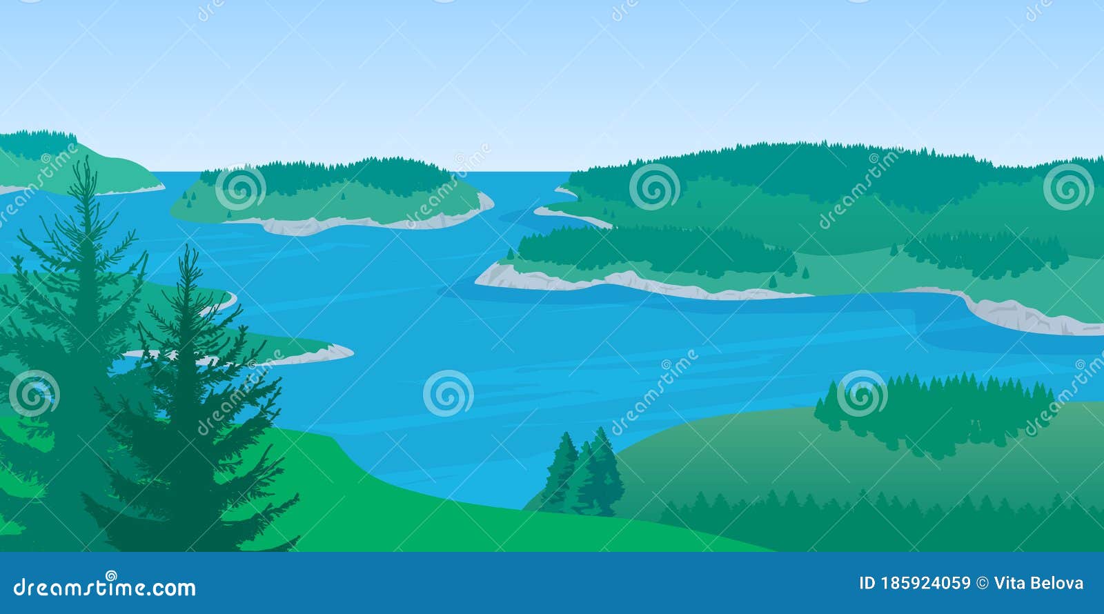 color graphic drawing - north, scandinavian, karelian landscape, lake ladoga. wild cold nature, the archipelago of the many lakes