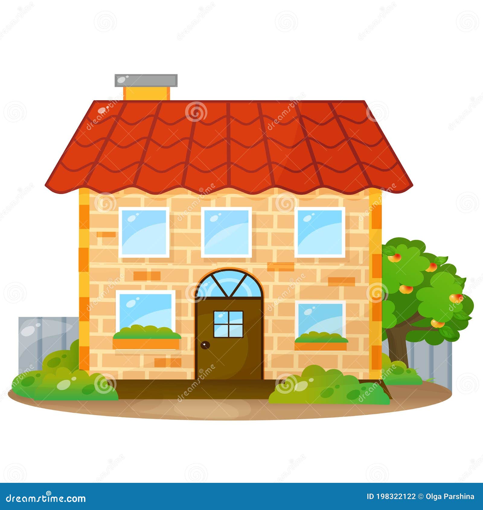 Color Image of Cartoon Brick House with Red Roof on White Background.  Vector Illustration for Kids Stock Vector - Illustration of color, home:  198322122