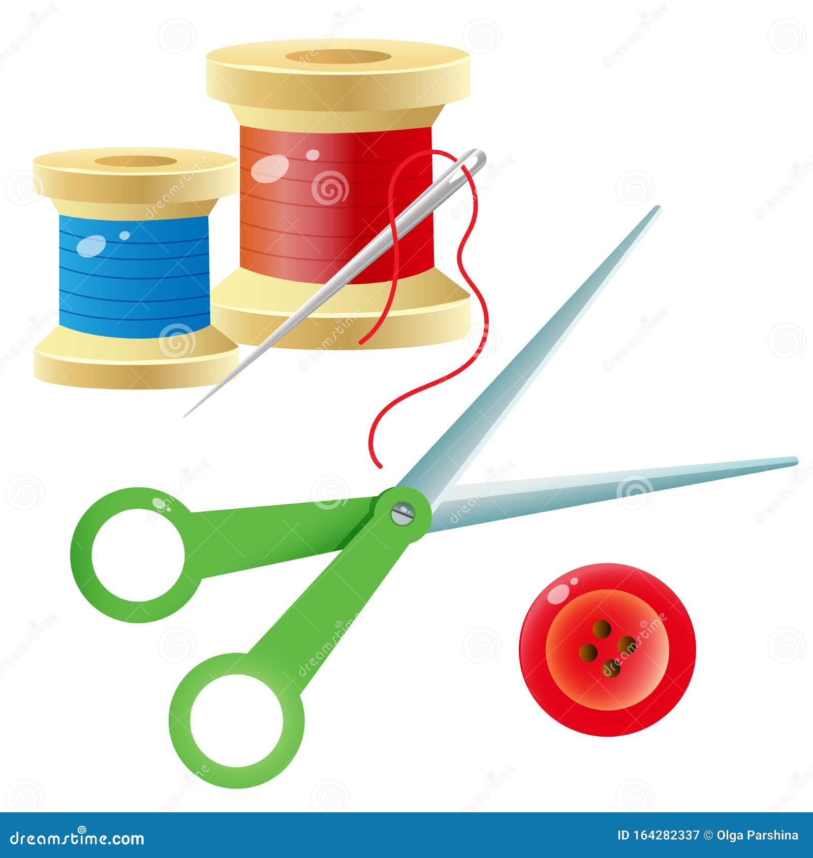 Color Images of Spools of Thread with Needle, Scissors and Red Button ...