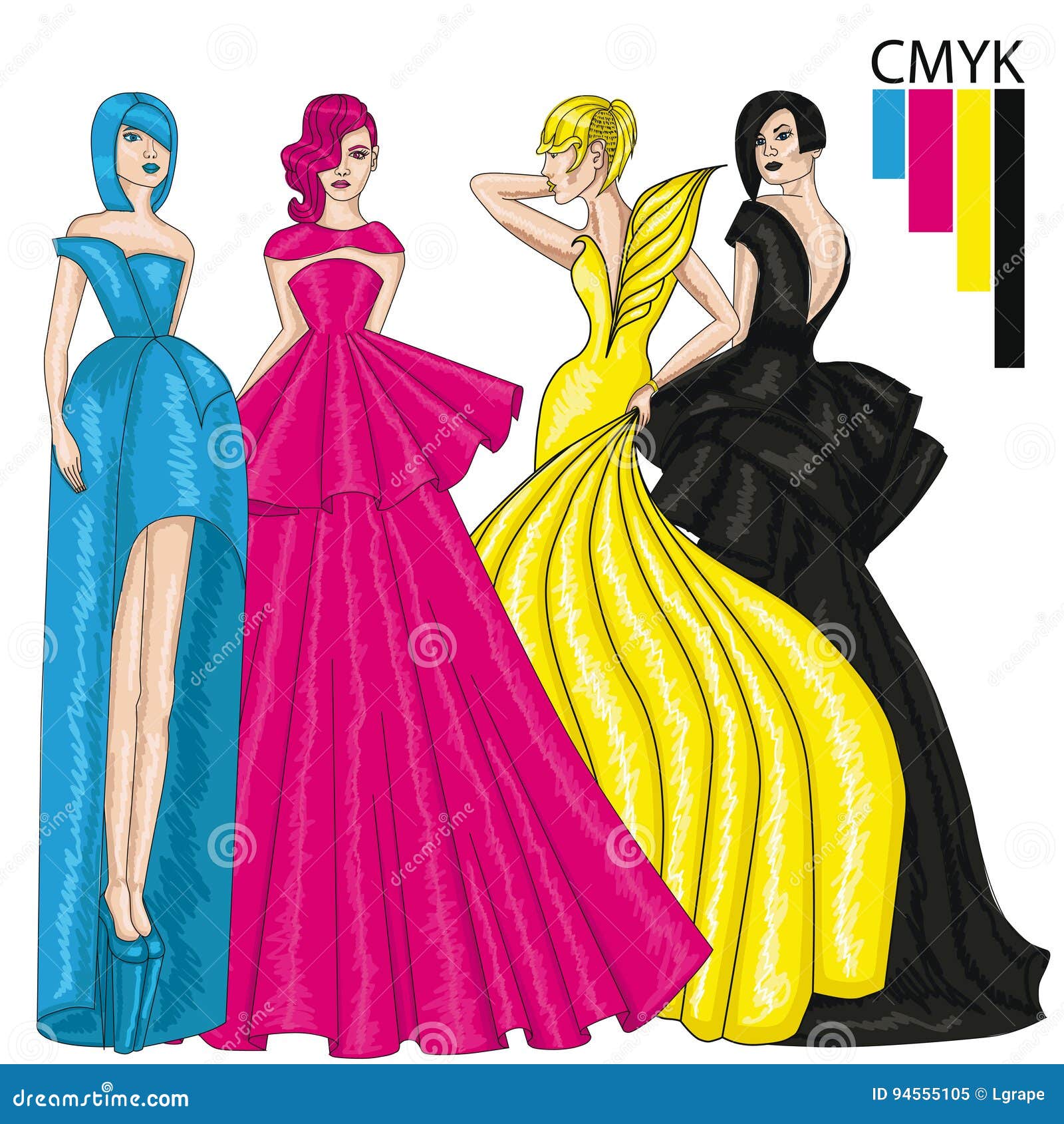 Color Model Four-color Printing CMYK. Girls in Long Evening Gowns ...