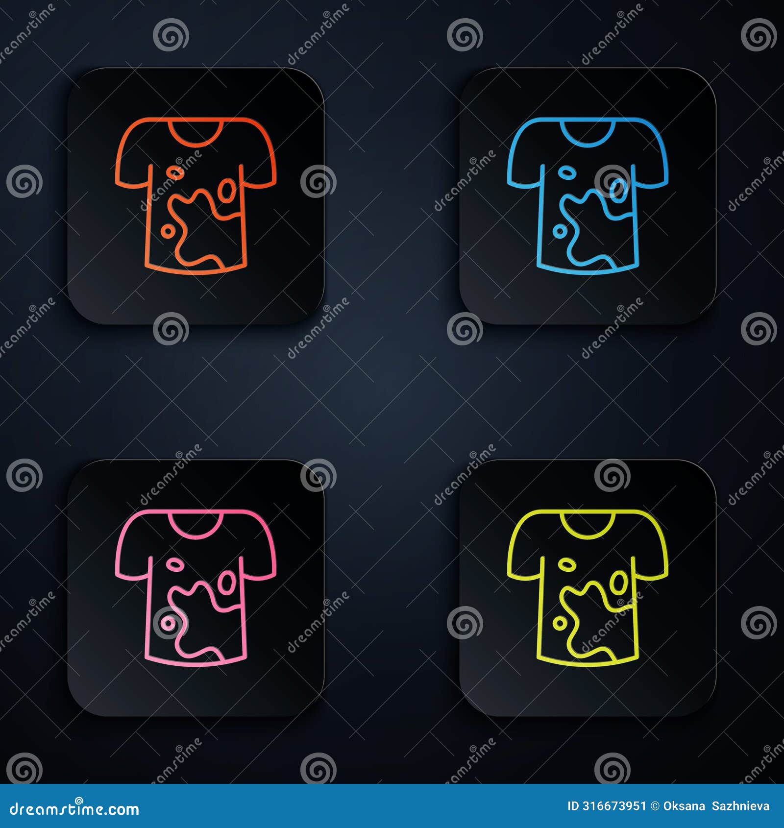 color neon line dirty t-shirt icon  on black background. set icons in square buttons. 