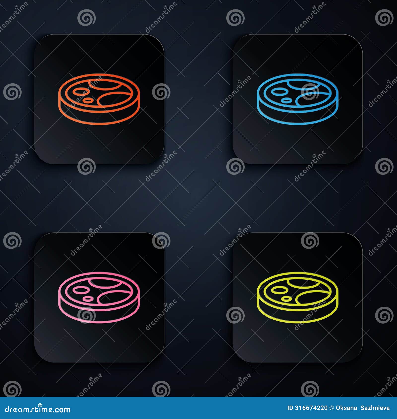 color neon line petri dish with bacteria icon  on black background. set icons in square buttons. 