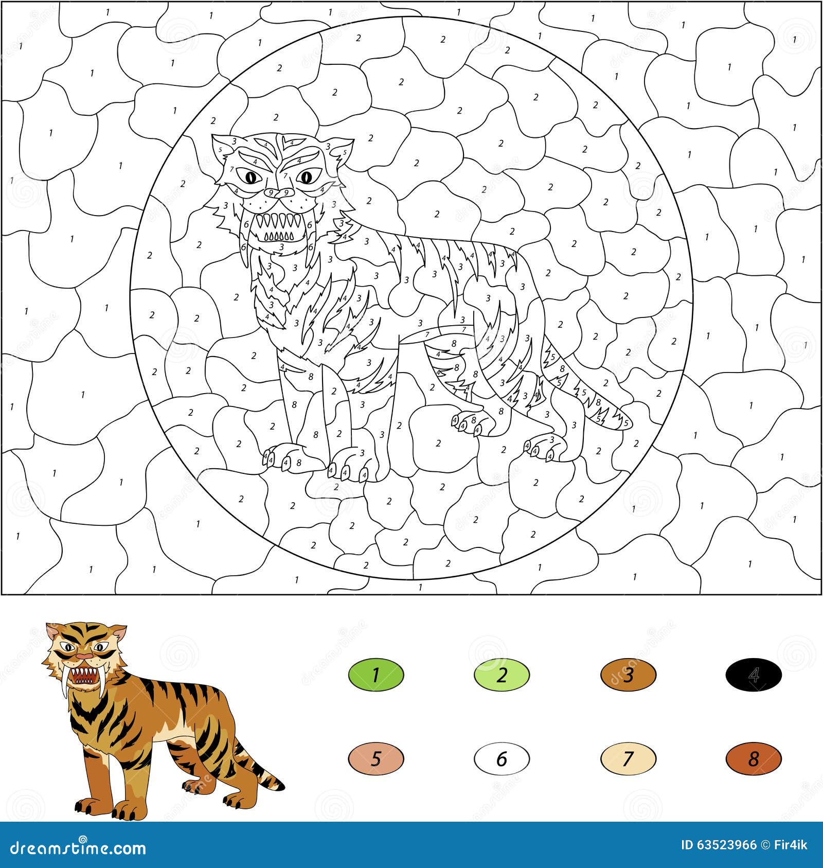 Download Color By Number Educational Game For Kids. Cartoon Saber-toothed Tiger. Vector Illustration ...
