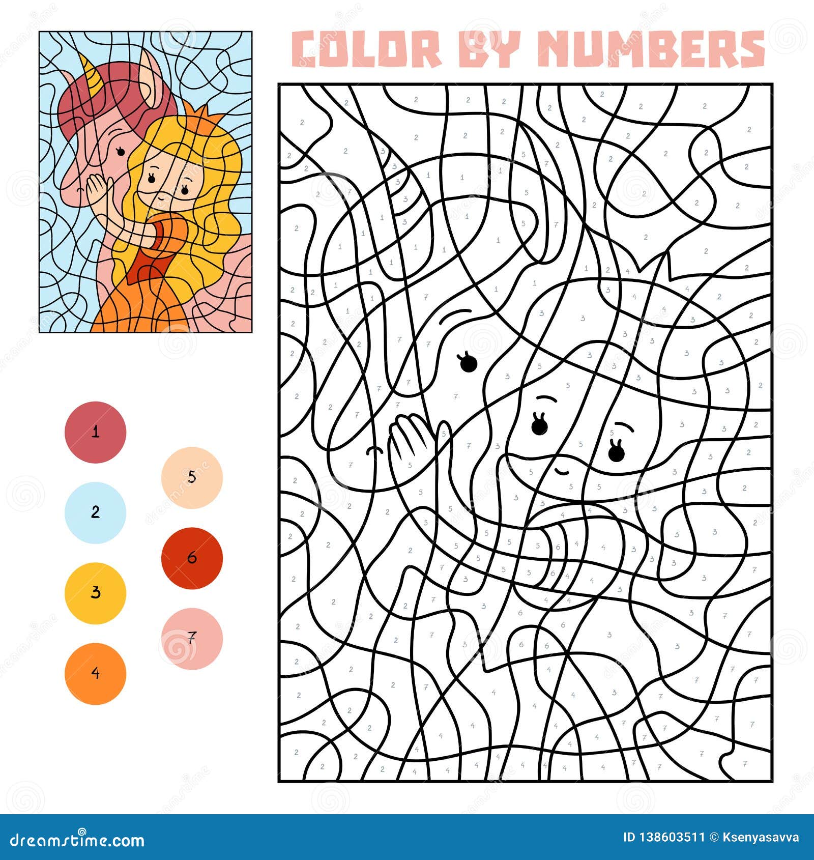 Color by Number, Princess and Unicorn Stock Vector   Illustration ...