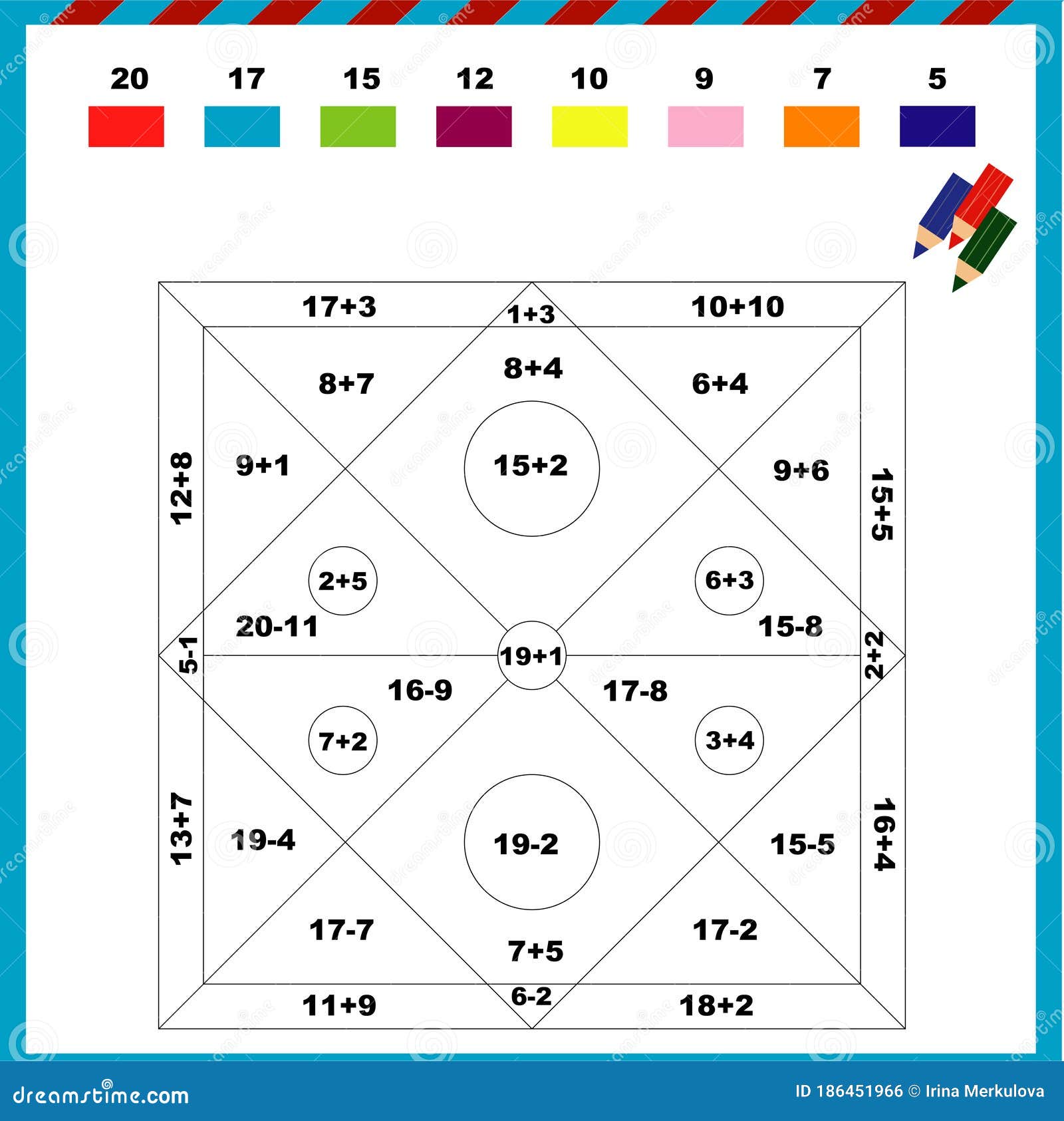 Paint Color By Addition And Subtraction Numbers Vector Illustration