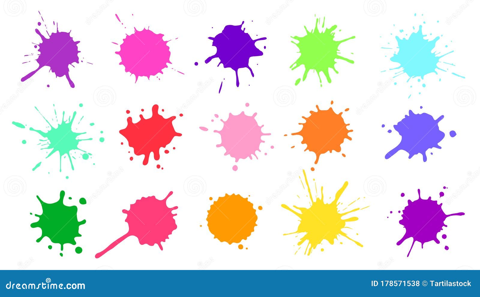 color paint splatter. colorful ink stains, abstract paints splashes and wet splats. watercolor or slime stain  set