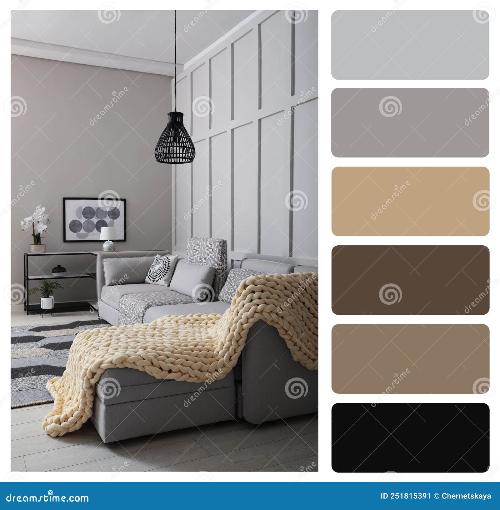 Color Palette and Photo of Stylish Living Room Interior. Collage Stock ...