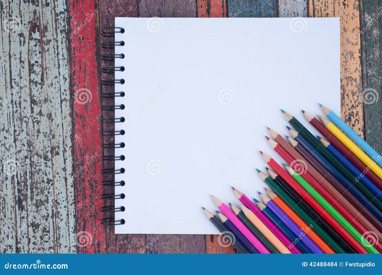 Color Pencil on Sketch Book and Vintage Wood Table for Background and Text  Stock Photo - Image of grain, panel: 42488484